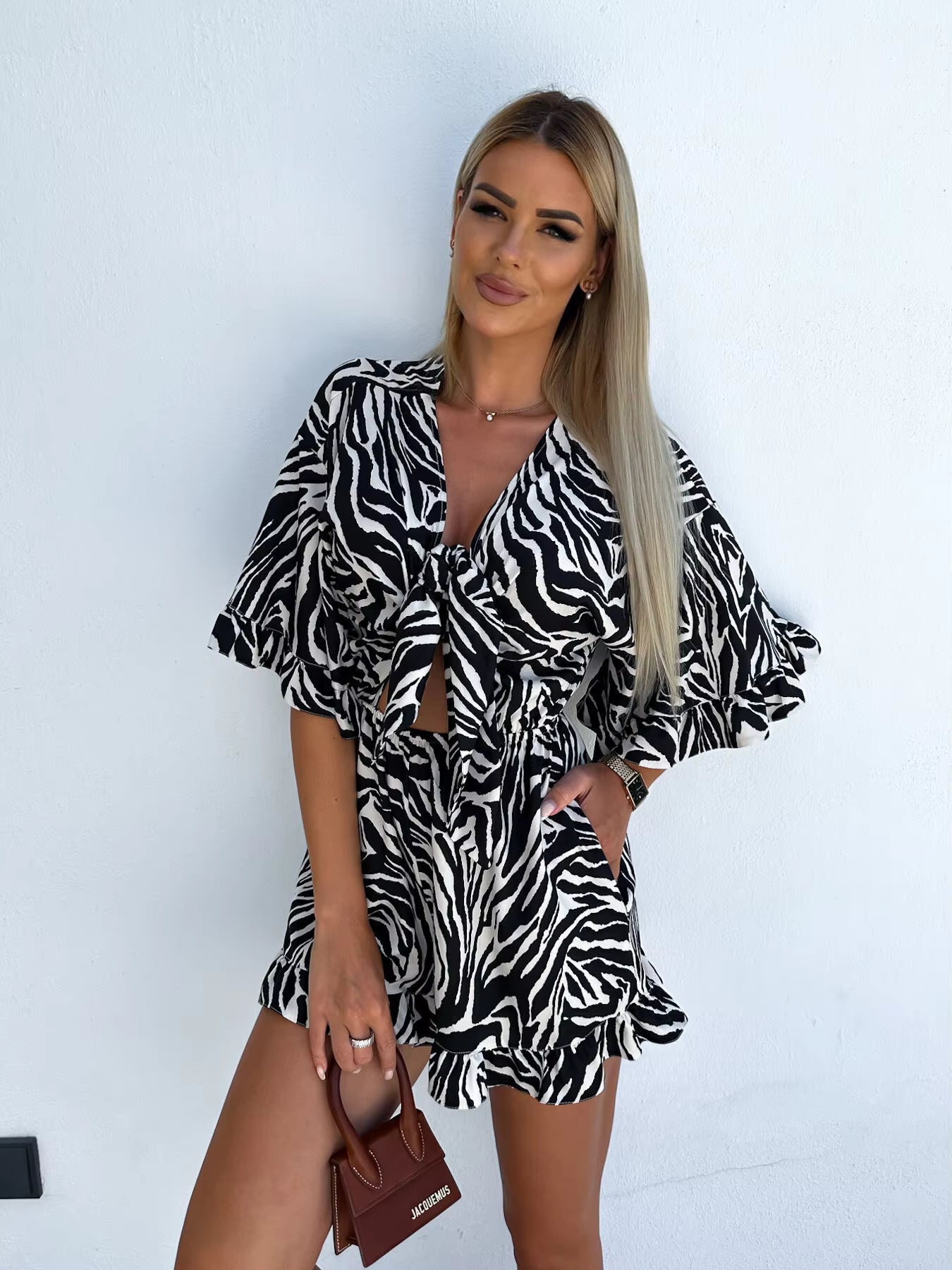 Casual Ruffles Half Sleeve High Waist With Pockets Print Bowknot Lace-up Jumpsuit Mssza