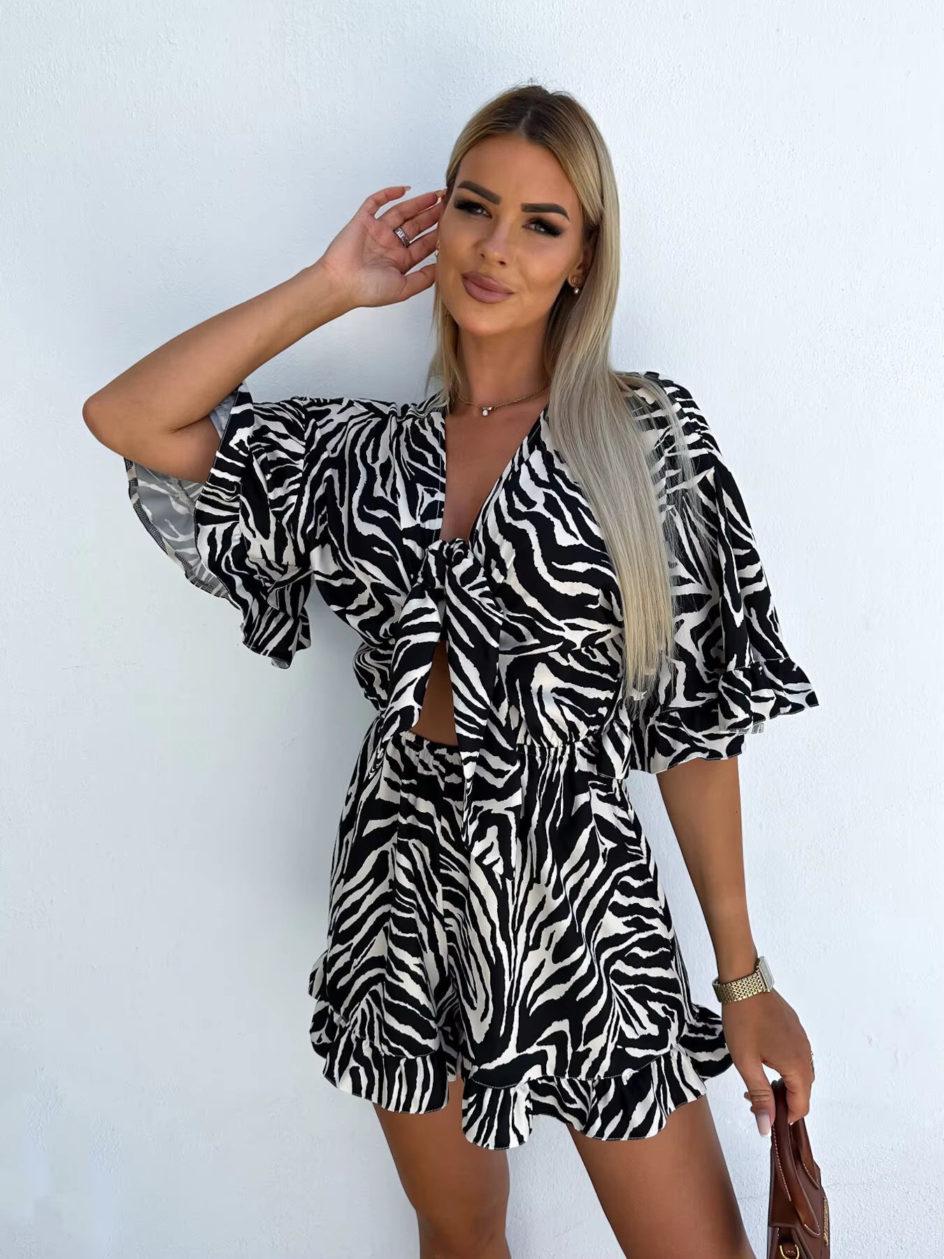 Casual Ruffles Half Sleeve High Waist With Pockets Print Bowknot Lace-up Jumpsuit Mssza