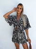 Casual Ruffles Half Sleeve High Waist With Pockets Print Bowknot Lace-up Jumpsuit Mssza