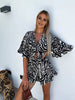 Casual Ruffles Half Sleeve High Waist With Pockets Print Bowknot Lace-up Jumpsuit Mssza