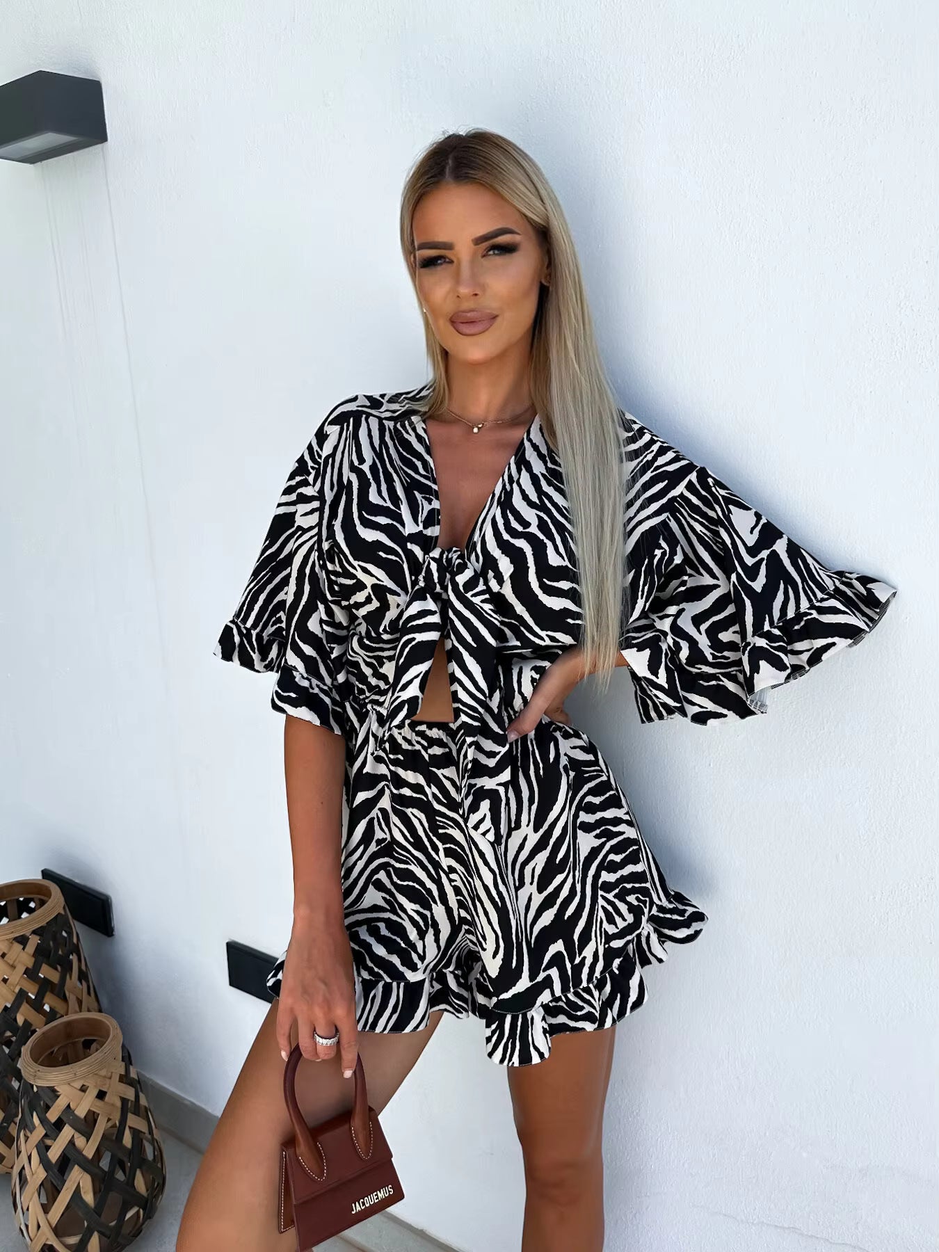 Casual Ruffles Half Sleeve High Waist With Pockets Print Bowknot Lace-up Jumpsuit Mssza