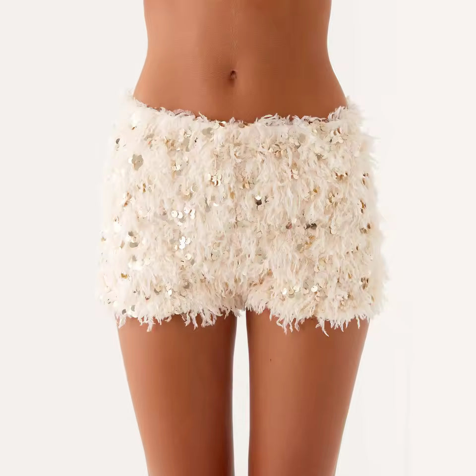 Casual Ruffles Low Waist Furry Sequined Bow Streetwear Sparkly Shorts Mssza