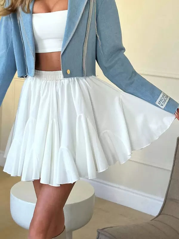 Casual Ruffles Raised Waist Polyester Fall Short Skirt Street Wear Mssza