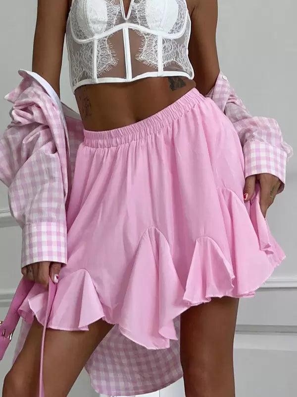 Casual Ruffles Raised Waist Polyester Fall Short Skirt Street Wear Mssza