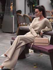 Casual Sash Solid Color V-neck Drawstring Pant Set Mssza