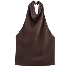 Casual Satin Halter Sleeveless Backless Vests Off Shoulder Tanks Top Mssza