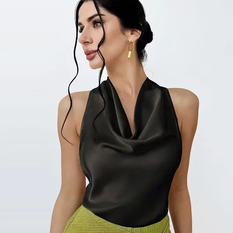 Casual Satin Halter Sleeveless Backless Vests Off Shoulder Tanks Top Mssza