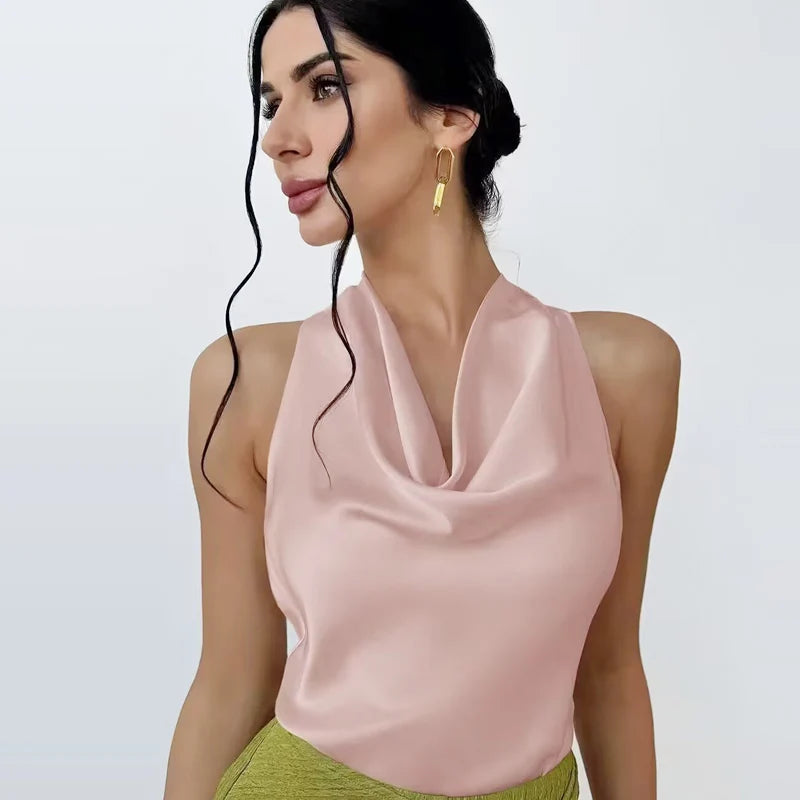 Casual Satin Halter Sleeveless Backless Vests Off Shoulder Tanks Top Mssza