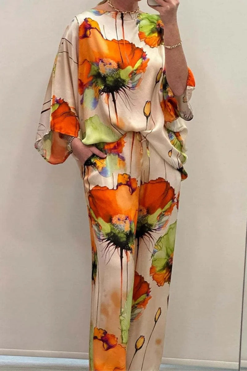 Casual Satin Round Neck Long Sleeve Floral Print Pant And Top Two Piece Set Mssza