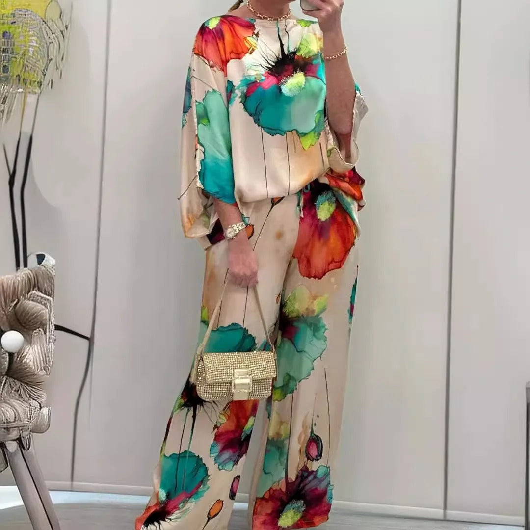 Casual Satin Round Neck Long Sleeve Floral Print Pant And Top Two Piece Set Mssza
