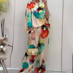 Casual Satin Round Neck Long Sleeve Floral Print Pant And Top Two Piece Set Mssza