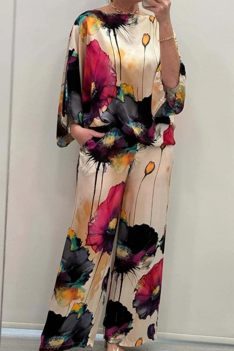 Casual Satin Round Neck Long Sleeve Floral Print Pant And Top Two Piece Set Mssza
