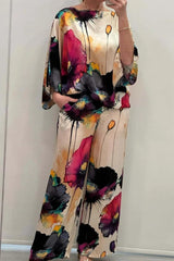 Casual Satin Round Neck Long Sleeve Floral Print Pant And Top Two Piece Set Mssza
