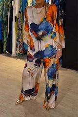 Casual Satin Round Neck Long Sleeve Floral Print Pant And Top Two Piece Set Mssza