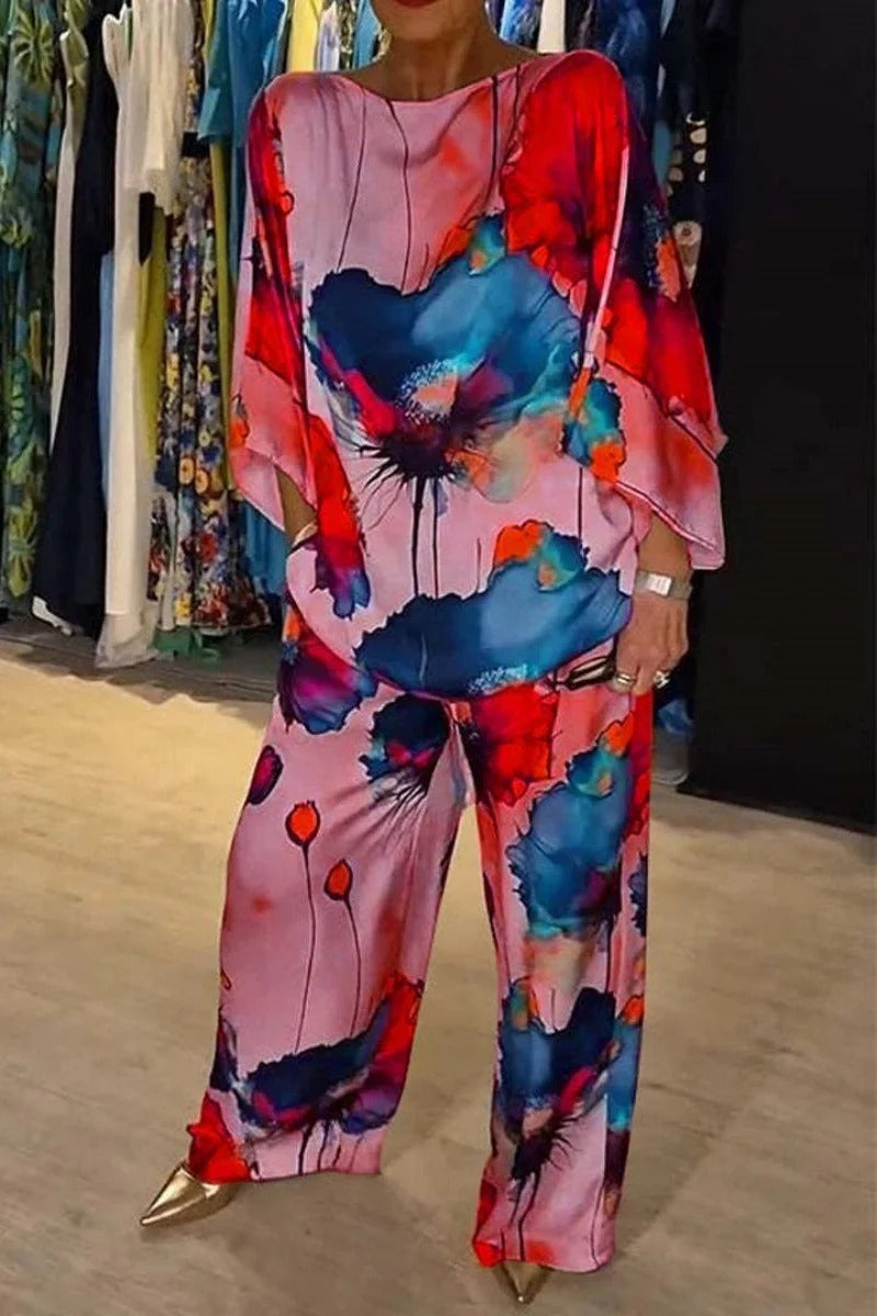 Casual Satin Round Neck Long Sleeve Floral Print Pant And Top Two Piece Set Mssza