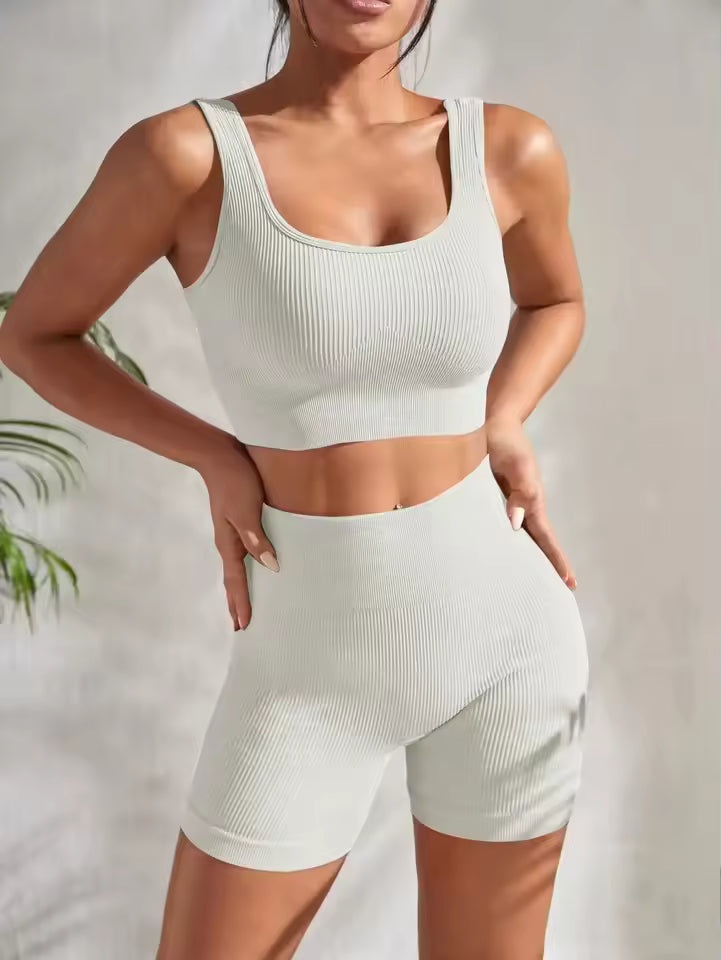 Seamless Ribbed Crop Tank High Waist Shorts 2 Piece Yoga Sets Mssza