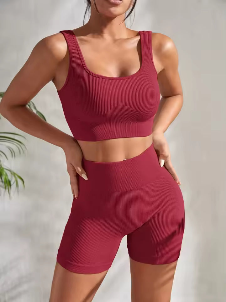 Seamless Ribbed Crop Tank High Waist Shorts 2 Piece Yoga Sets Mssza