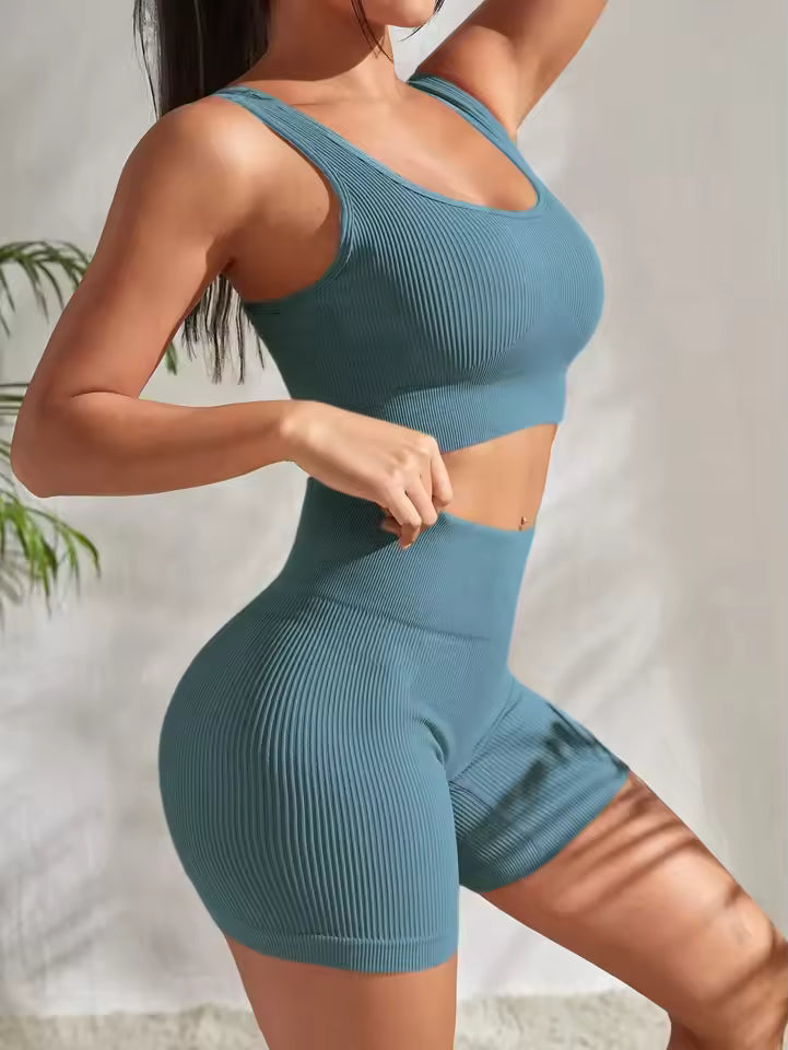 Seamless Ribbed Crop Tank High Waist Shorts 2 Piece Yoga Sets Mssza