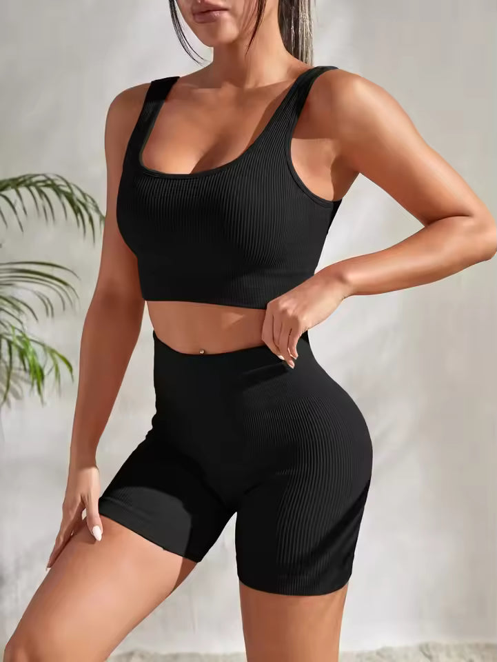 Seamless Ribbed Crop Tank High Waist Shorts 2 Piece Yoga Sets Mssza