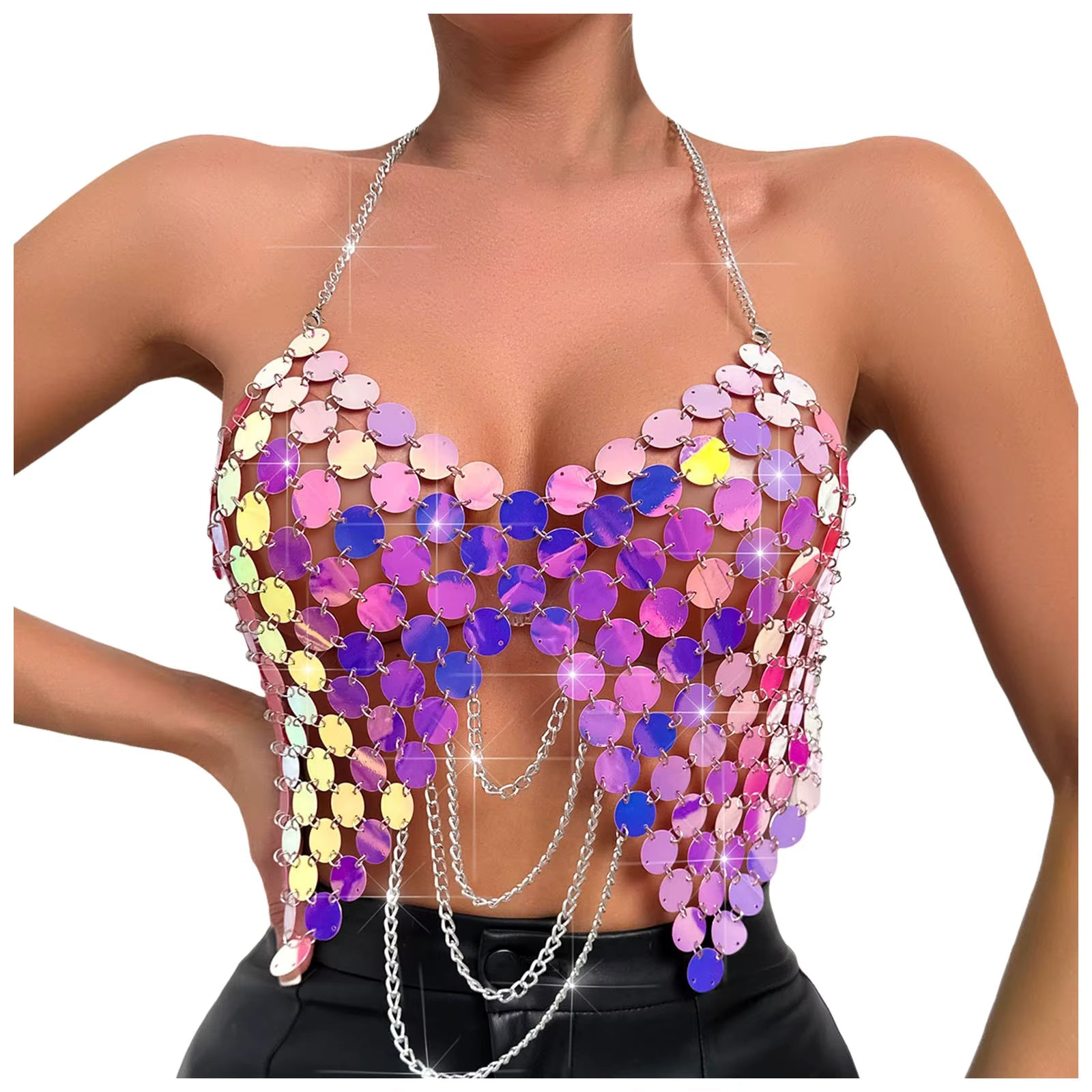Casual Sequin Backless Chain Broadcloth Outfit Sparkly Crop Top Mssza