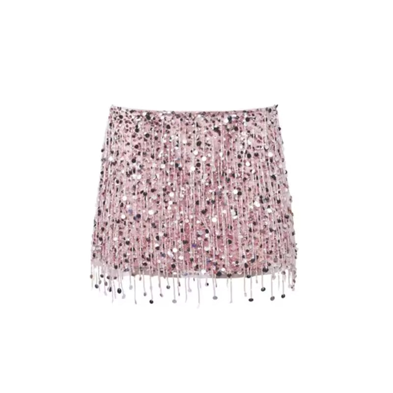 Casual Sequin Bead Print Lace Up Flower Slim Straight Mini Skirt Mssza