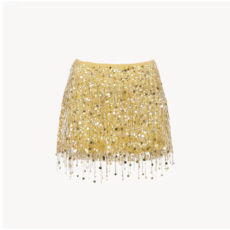 Casual Sequin Bead Print Lace Up Flower Slim Straight Mini Skirt Mssza