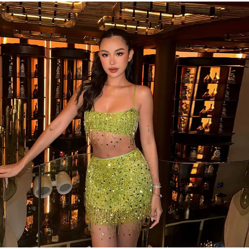Casual Sequin Bead Print Lace Up Flower Slim Straight Mini Skirt Mssza