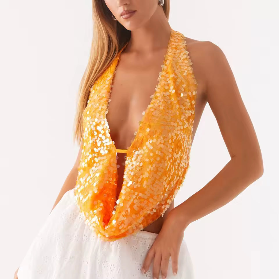Casual Sequin Halter Sleeveless Deep V Neck Backless Glitter Tank Top Mssza