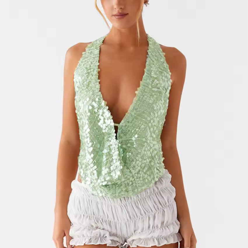 Casual Sequin Halter Sleeveless Deep V Neck Backless Glitter Tank Top Mssza