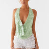 Casual Sequin Halter Sleeveless Deep V Neck Backless Glitter Tank Top Mssza