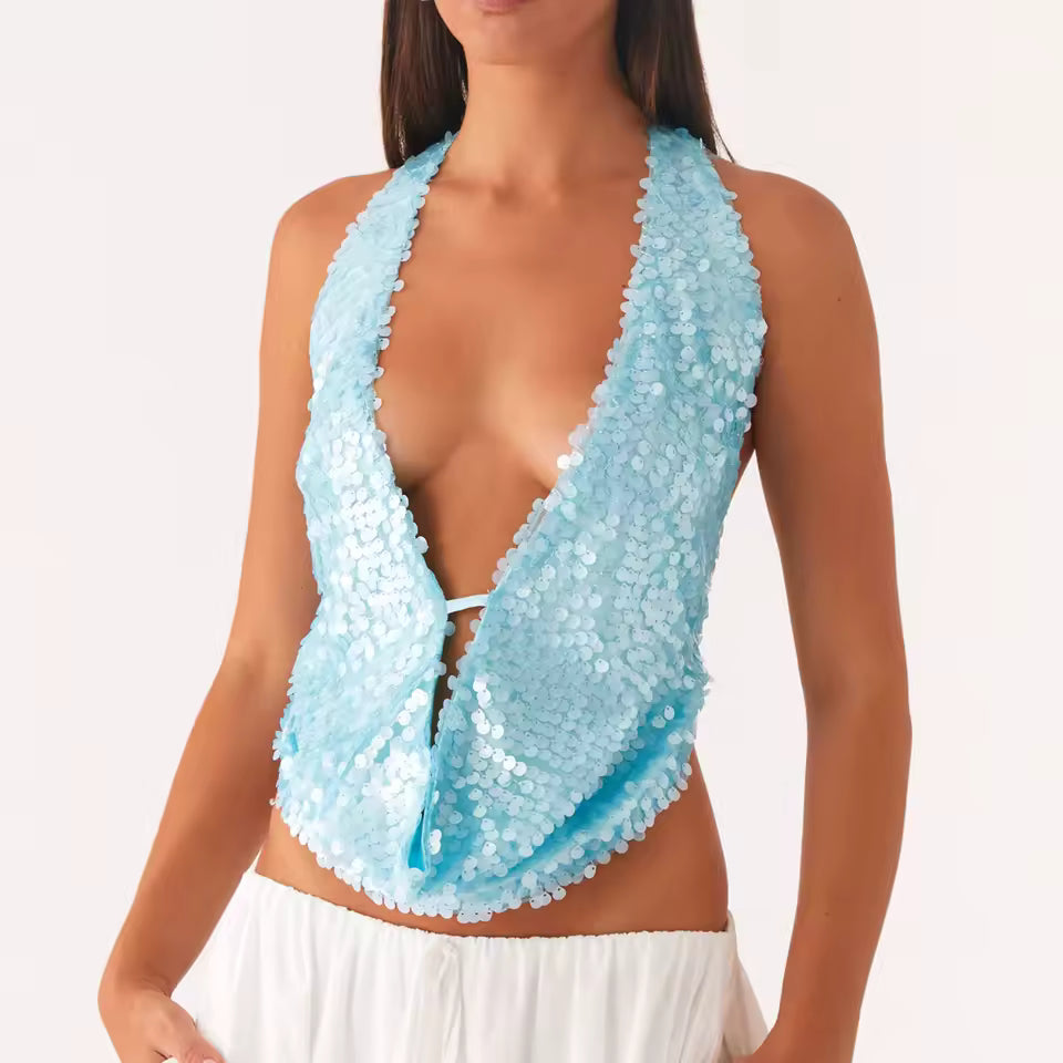 Casual Sequin Halter Sleeveless Deep V Neck Backless Glitter Tank Top Mssza