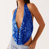 Casual Sequin Halter Sleeveless Deep V Neck Backless Glitter Tank Top Mssza