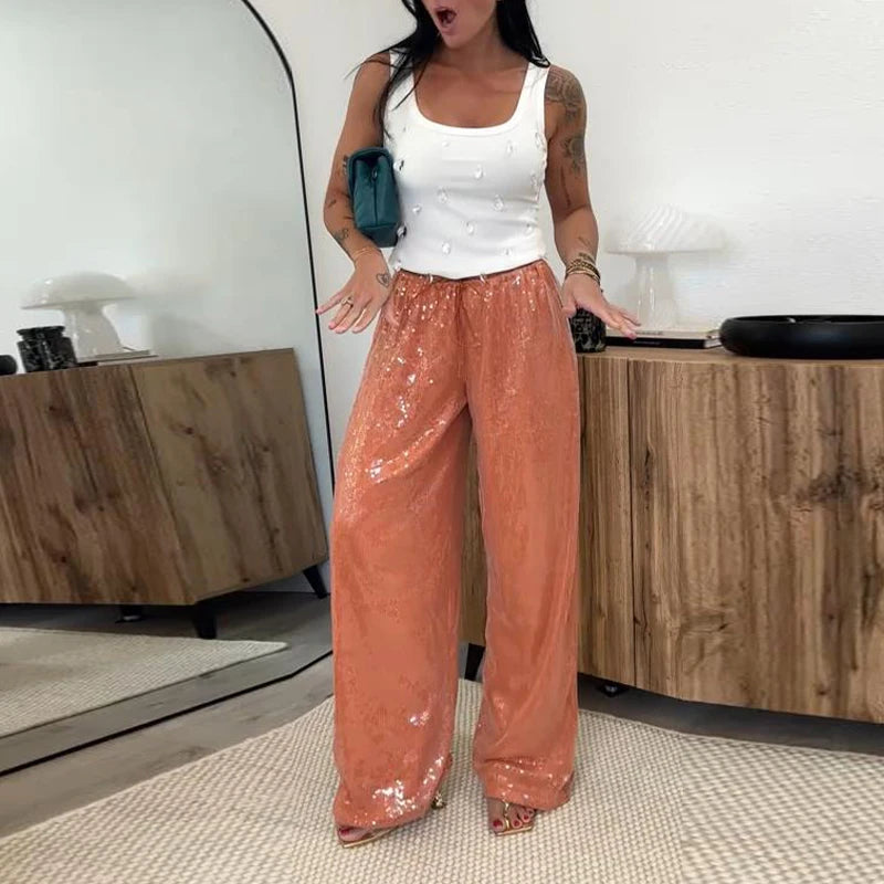 Casual Sequin Loose Solid Elastic Waist Wide Legs Trousers Streetwears Pants Mssza