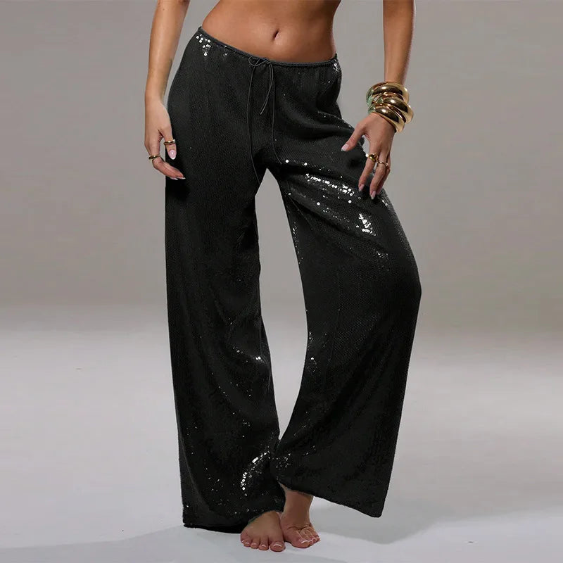 Casual Sequin Loose Solid Elastic Waist Wide Legs Trousers Streetwears Pants Mssza