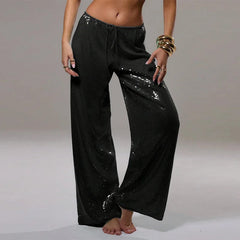 Casual Sequin Loose Solid Elastic Waist Wide Legs Trousers Streetwears Pants Mssza