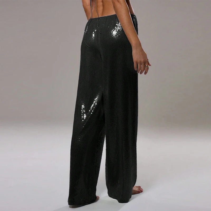 Casual Sequin Loose Solid Elastic Waist Wide Legs Trousers Streetwears Pants Mssza