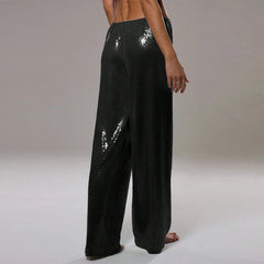 Casual Sequin Loose Solid Elastic Waist Wide Legs Trousers Streetwears Pants Mssza