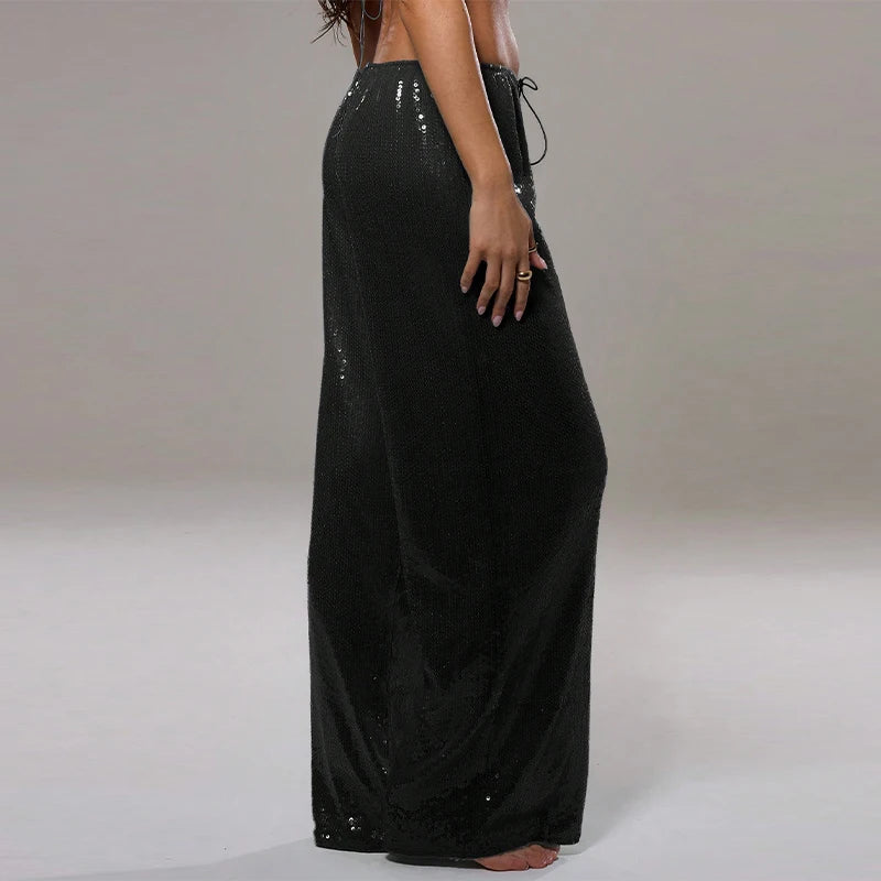 Casual Sequin Loose Solid Elastic Waist Wide Legs Trousers Streetwears Pants Mssza