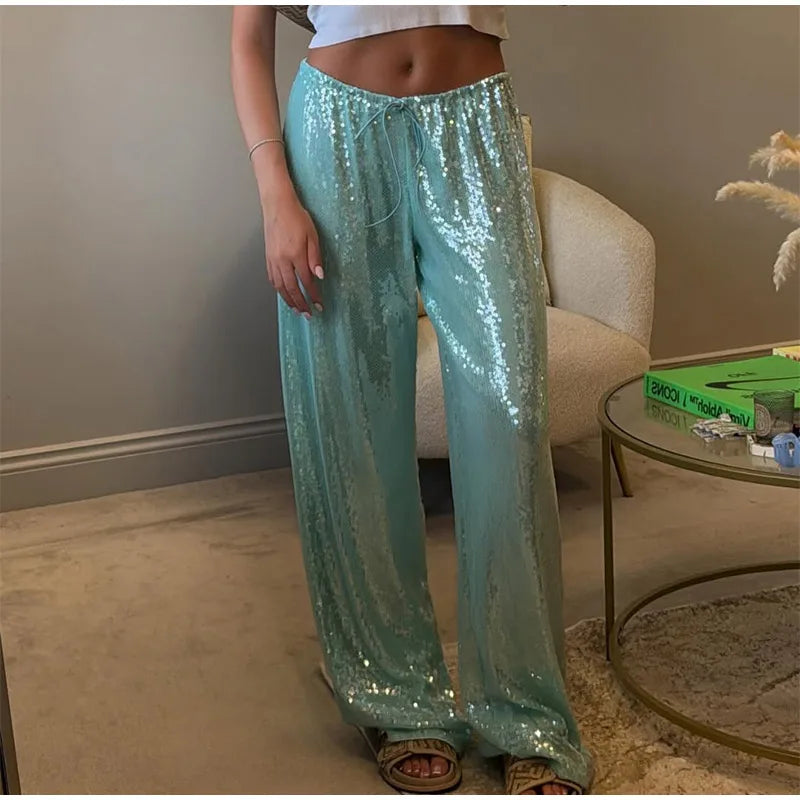 Casual Sequin Loose Solid Elastic Waist Wide Legs Trousers Streetwears Pants Mssza