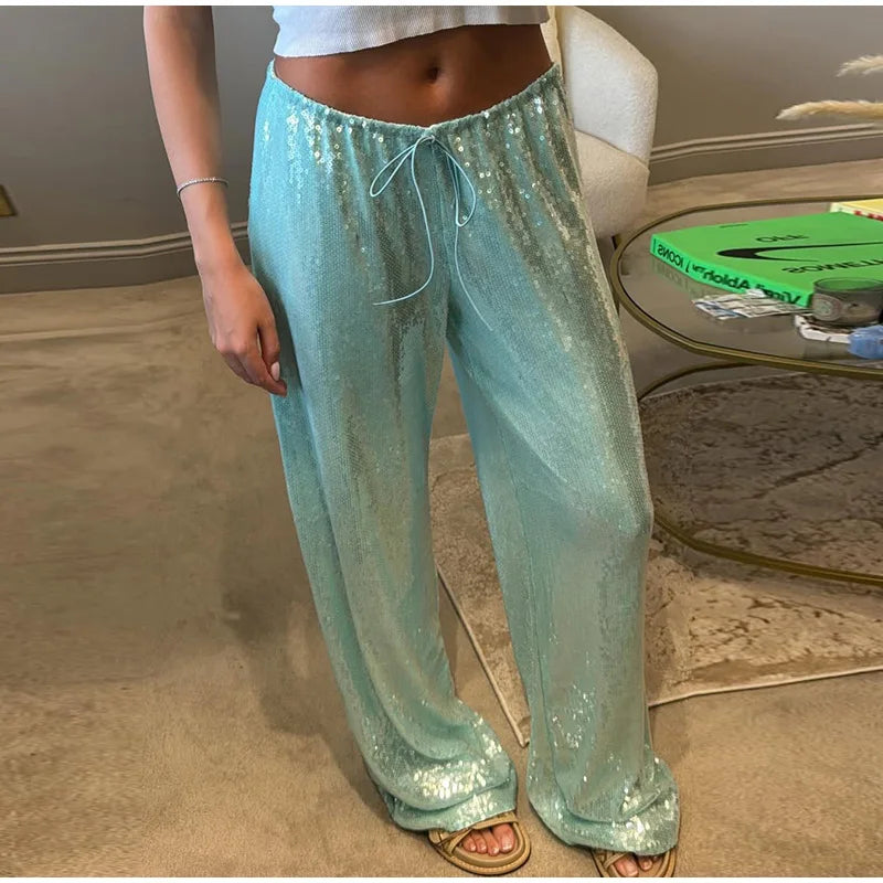Casual Sequin Loose Solid Elastic Waist Wide Legs Trousers Streetwears Pants Mssza
