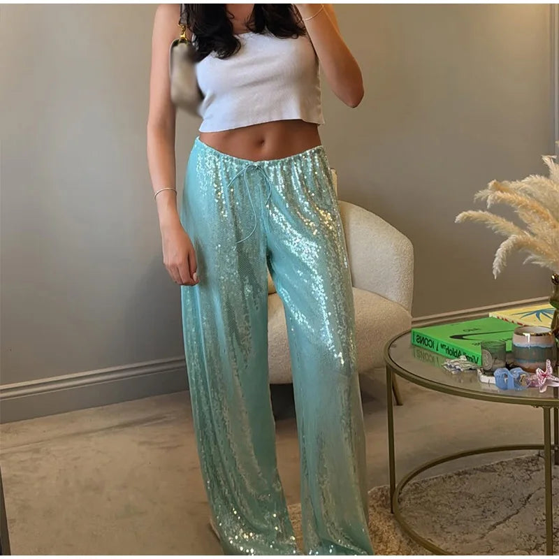 Casual Sequin Loose Solid Elastic Waist Wide Legs Trousers Streetwears Pants Mssza