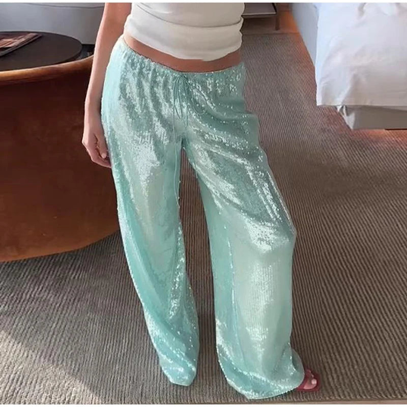 Casual Sequin Loose Solid Elastic Waist Wide Legs Trousers Streetwears Pants Mssza