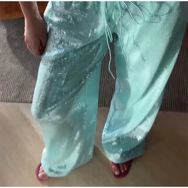 Casual Sequin Loose Solid Elastic Waist Wide Legs Trousers Streetwears Pants Mssza
