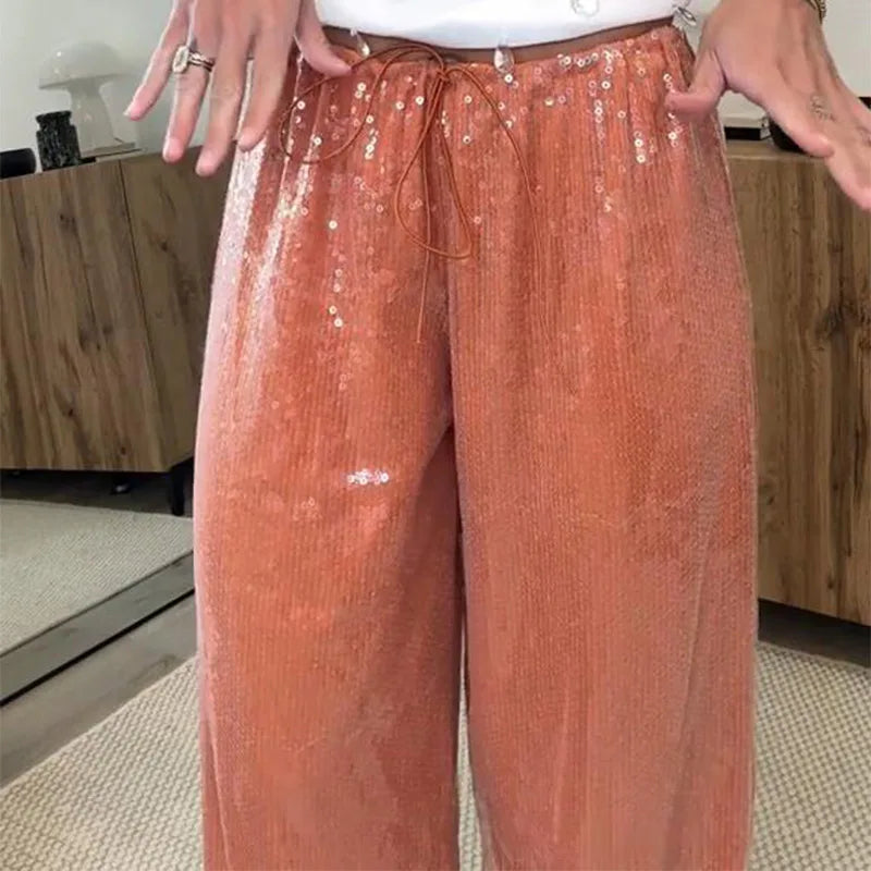 Casual Sequin Loose Solid Elastic Waist Wide Legs Trousers Streetwears Pants Mssza