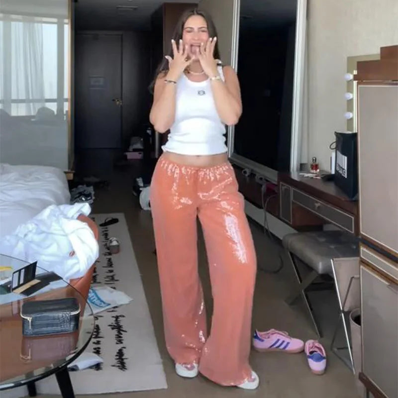 Casual Sequin Loose Solid Elastic Waist Wide Legs Trousers Streetwears Pants Mssza