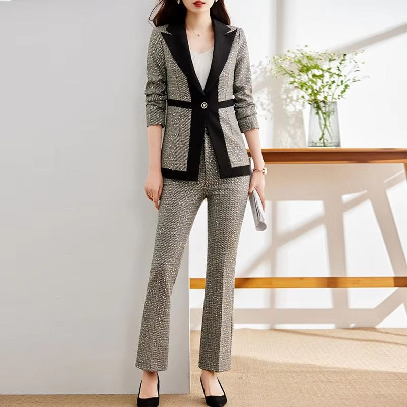 Casual Sequin Plaid Flare pant Full Sleeve Blazers Jacket Matching Two Piece Pants Suit Mssza