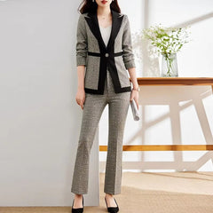 Casual Sequin Plaid Flare pant Full Sleeve Blazers Jacket Matching Two Piece Pants Suit Mssza