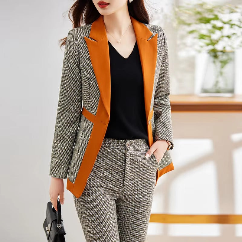 Casual Sequin Plaid Flare pant Full Sleeve Blazers Jacket Matching Two Piece Pants Suit Mssza