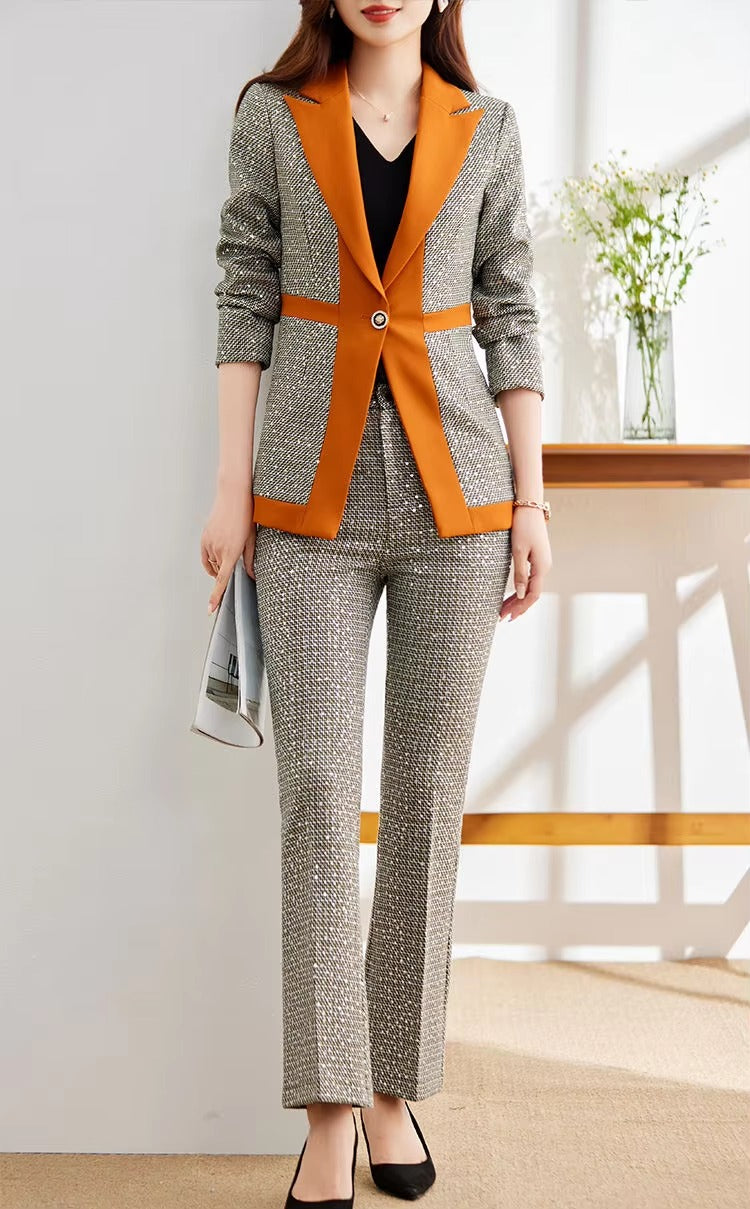 Casual Sequin Plaid Flare pant Full Sleeve Blazers Jacket Matching Two Piece Pants Suit Mssza