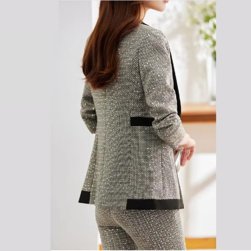 Casual Sequin Plaid Flare pant Full Sleeve Blazers Jacket Matching Two Piece Pants Suit Mssza